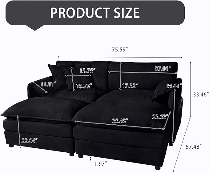 Loveseat Deep Seat Sectional Sofa Cloud Couch, Modern Chenille Comfy Upholstered Modular U Shaped Couch for Living Room, Apartment, Office (Black, 75.59 Inch-U Shape)