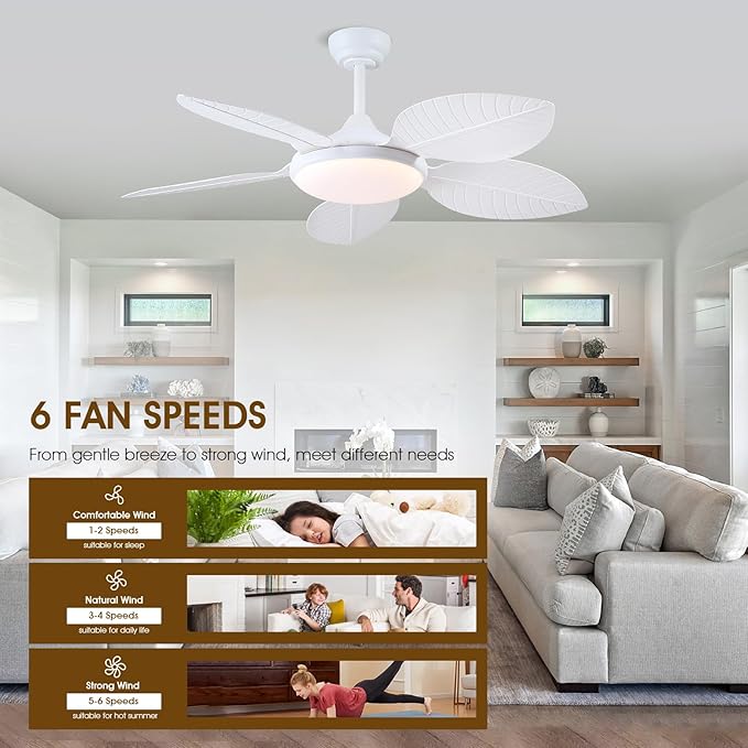 Ceiling Fans with Lights and Remote/APP Control, 48 Inch Tropical Ceiling Fan for Bedroom Living Room, Outdoor Palm Leaf Ceiling Fan for Patios Porch, Dimmable, 6 Speeds, Reversible, White