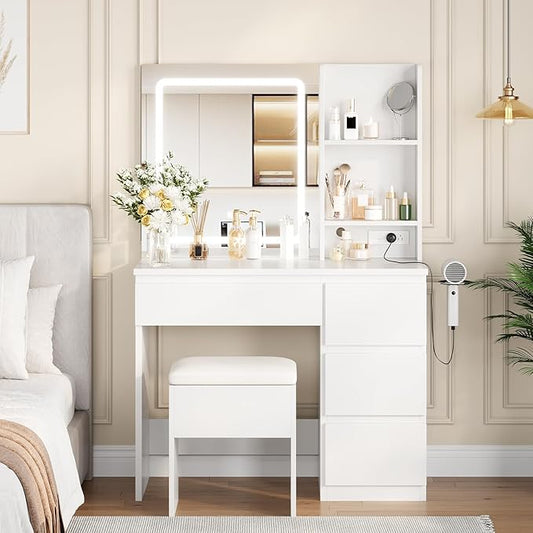 GarveeHome Vanity Desk with Mirror and Lights - Modern Makeup Dressing Table with Outlets, Storage Stool, 4 Drawers & Hair Dryer Holder - 3 Colors LED Vanity Mirror, Vanities for Bedroom, White