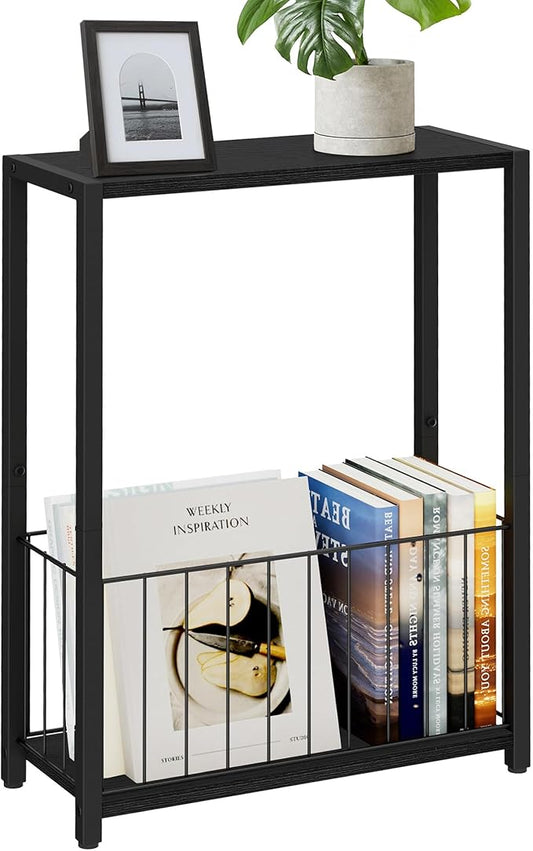 Narrow Side Table with Magazine Holder, Skinny End Table Perfect for Small Spaces, Space-Saving Design for Living Room, Bedroom, or Office, 7.1" D x 16.9" W x 23.6" H, Black