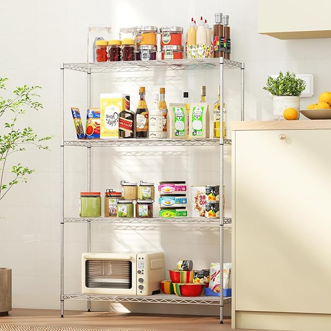 4-Tier Storage Shelves 35.4" L x 13.3" W x 53.7" H Metal Garage Shelves Standing Storage Shelf Adjustable Layer Racks with Steel Frame, Suitable for Kitchen, Garage or Commercial Use (Chrome)