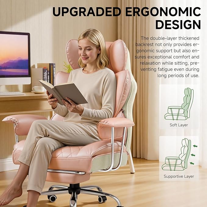 COMHOMA Big and Tall Office Chair, High Back Leather Gaming Chair with Footrest, Executive Ergonomic Office Chairs with Pocket Spring Lumbar Support and with Outward Fixed Soft Armrests