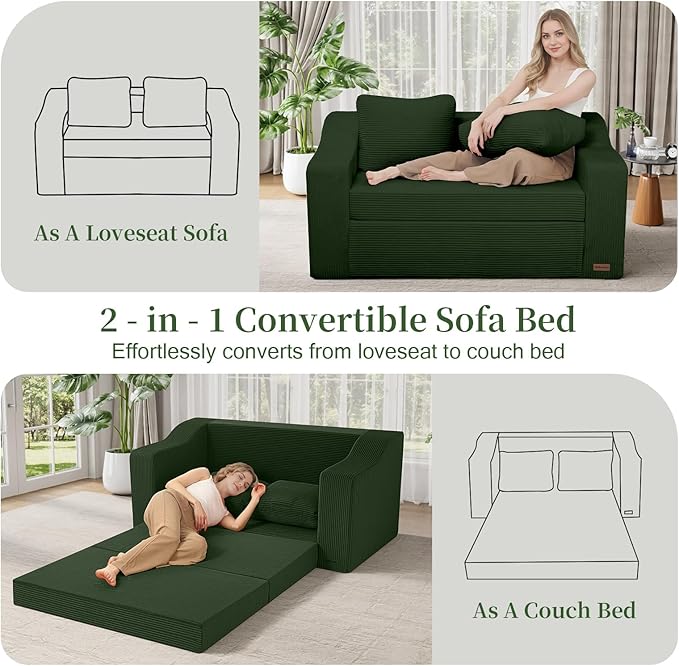 MeMoreCool Convertible Sofa Bed, Pull Out Loveseat Sofa Sleeper Couch for Bedroom Living Room Lounge, 2 in 1 Small Couch Bed with Pillow, Foldable Love Seat Futon Corduroy Green