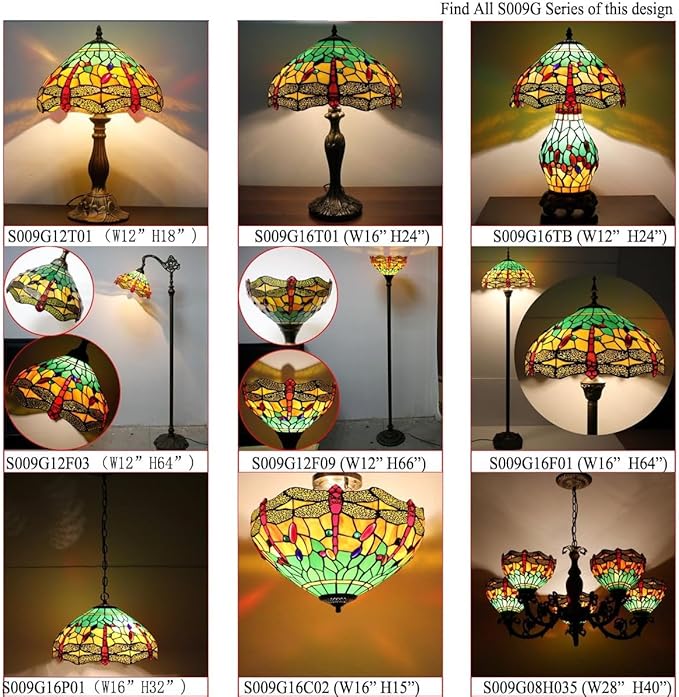 WERFACTORY Tiffany Floor Lamp Green Yellow Stained Glass Dragonfly Arch Lamp 12X18X64 Inch Gooseneck Adjustable Corner Standing Reading Light Decor Bedroom Living Room S009G Series