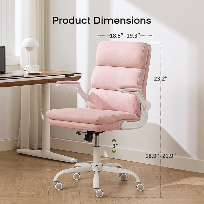 Office Chair Adjustable Desk Chair Mid Back Executive Comfortable Fabric Ergonomic Back Support Home Computer Chair with Padded Flip-up Armrest Swivel Wheels (Pink)