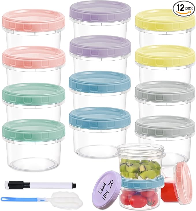 12pcs 8 oz Plastic Containers with Screw Lids, Reusable Clear Food Storage Containers with Pen and Brush for Snack Salad Fruit, Leakproof Small Freezer Containers, Microwave & Dishwasher Safe