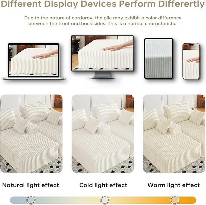 108" Sectional Couches for Living Room, Modular Sectional Sofa with L-Shape Chaise, Boneless Couch, Comfy Corduroy Fluffy Couch with Deep Seat and Side Pockets, No Assembly Required