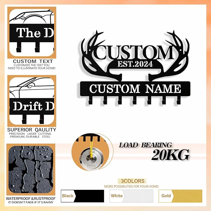 Personalized Deer Antler Key Holder Wall Mount, Custom Metal Keys Hanger for Wall with Name, Custom Key Rack Holder with Hooks for Entryway, Front Door, Hallway, Living Room, Kitchen