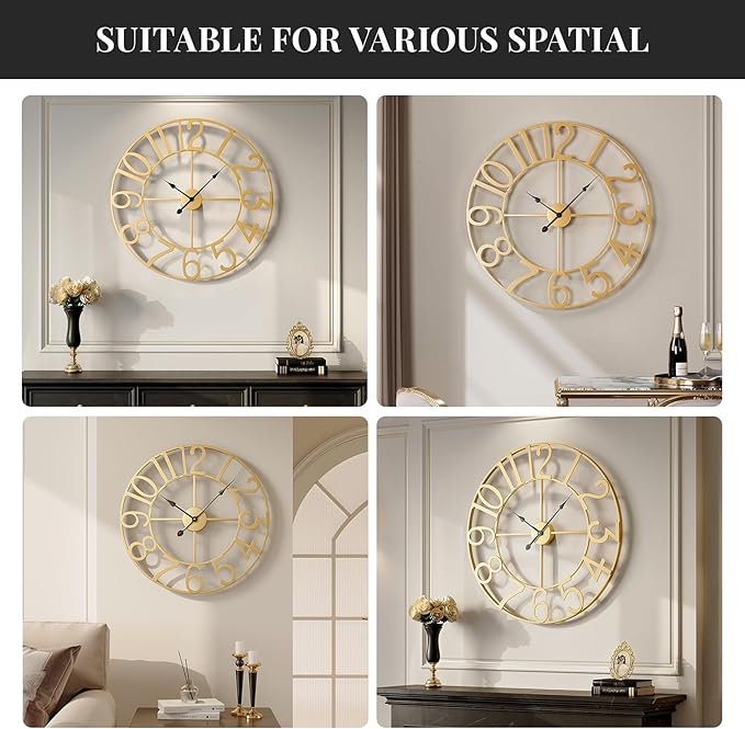Cuspin 20 Inch Wall Clock Gold, Large Decorative Wall Clocks Battery-Operated, Modern Metal Round Clock Silent Non Ticking Arabic Numerals for Living Room Kitchen Mantel Office Decor