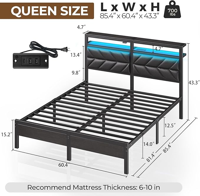 Seventable Bed Frame Queen Size with Charging Station, LED Bed with Upholstered Storage Headboard, Metal Platform Bed with Under Bed Storage, No Box Spring Needed, Noise Free, Easy Assembly, Black