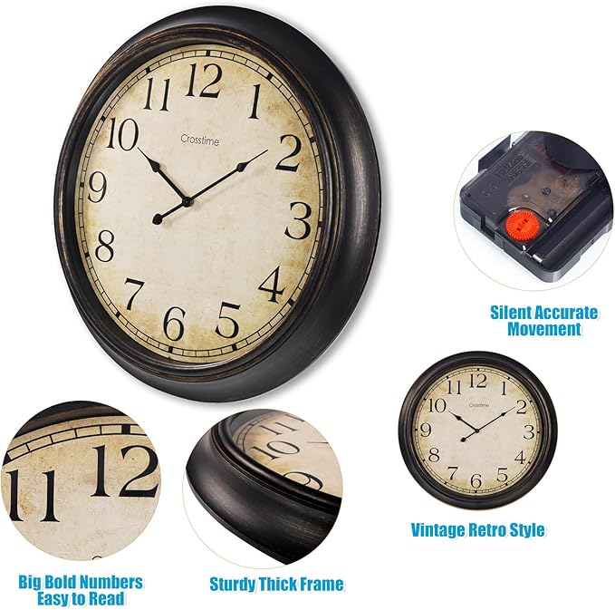24 Inch Wall Clock Battery Operated Silent Round Vintage Large Wall Clocks for Living Room Farmhouse Decor, Black-Brown