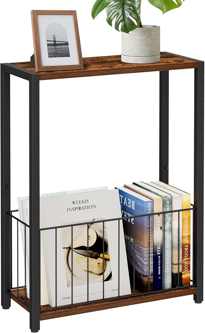 Narrow Side Table with Magazine Holder, Skinny End Table Perfect for Small Spaces, Space-Saving Design for Living Room, Bedroom, or Office, 7.1" D x 16.9" W x 23.6" H, Rustic Brown