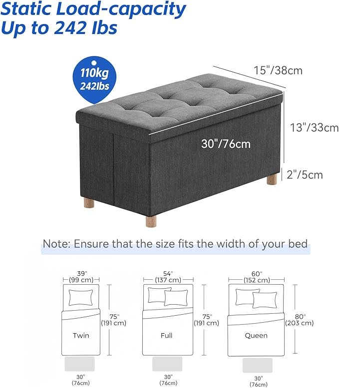 BRIAN & DANY 30 Inches Folding Storage Ottoman Bench, Ottoman with Storage Bench for Bedroom, Living Room, Entryway, Foot Rest with Legs, Dark Gery