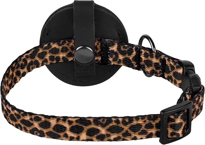 Airtag Cat Collar with Bell - Non Breakaway Soft Pet Collar with Leather Air Tag Holder - Adjustable GPS Anti-Lost Collars for Girl Boy Cats Kitten Puppies, Lightweight and Patterned (Leopard)