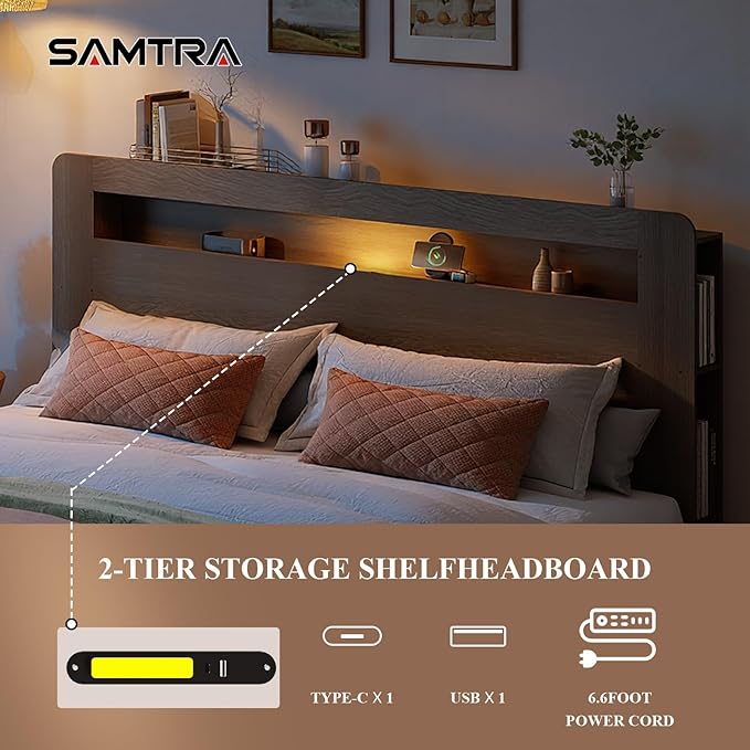 Wooden Bed Frame King Size with Storage Headboard - Farmhouse Platform Bed Frame with Bookcase Shelf & Led Lights, Sturdy Wood Slat Framework Bed Frame (Light Brown LED)