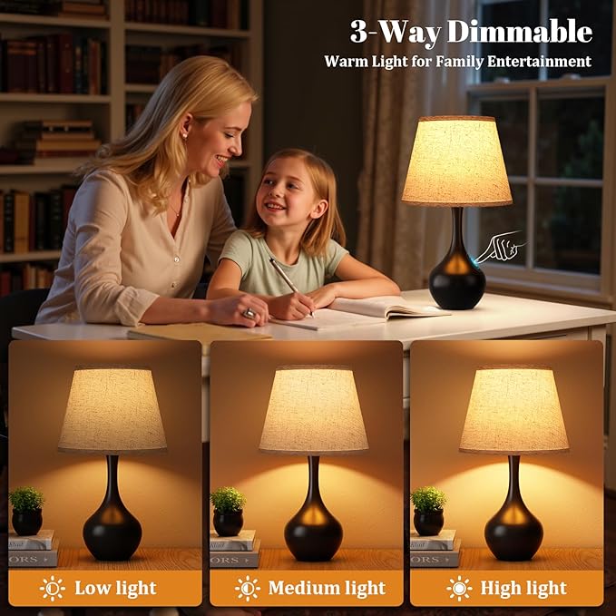 Seealle 16.1" Touch Table Lamps for Nightstand, 3-Way Dimmable Small Bedroom Lamps for Night Stands, Black Bedside Lamps for Living Room, Kids Room, End Table