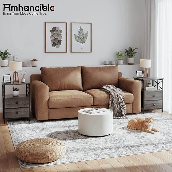 AMHANCIBLE Night Stand Set 2, Nightstand with Charging Station, End Tables Living Room with USB Ports and Outlets, Bedside Tables with Fabric Drawers for Bedroom, Dark Grey HET05XDG