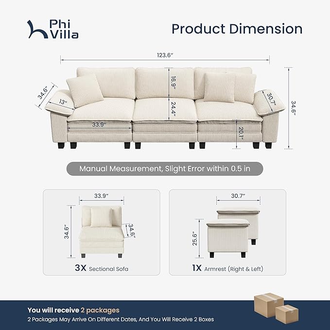 PHI VILLA Modern Modular Couches Sets, 123.6" Cloud Sectional Sofa with Upholstered Deep Seat, 3-Seater Couch for Living Room Small Spaces, Corduroy Fabric, Beige