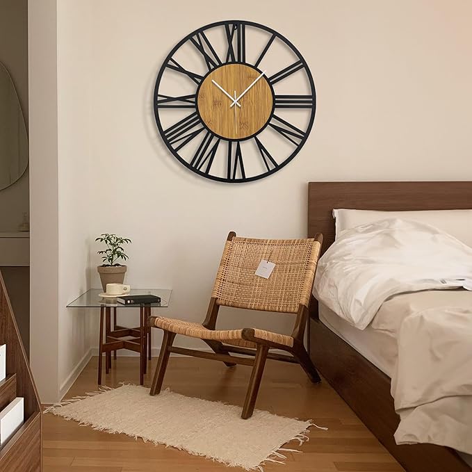 1st owned Wall Clocks for Living Room Decor,32" Vintage,Round Silent Little Ticking,Black Metal,Modern Wood Clocks for Home Bedroom,Kitchen,Garden,Office,Cafe,Modern Wall Decoration -Roman Numerals