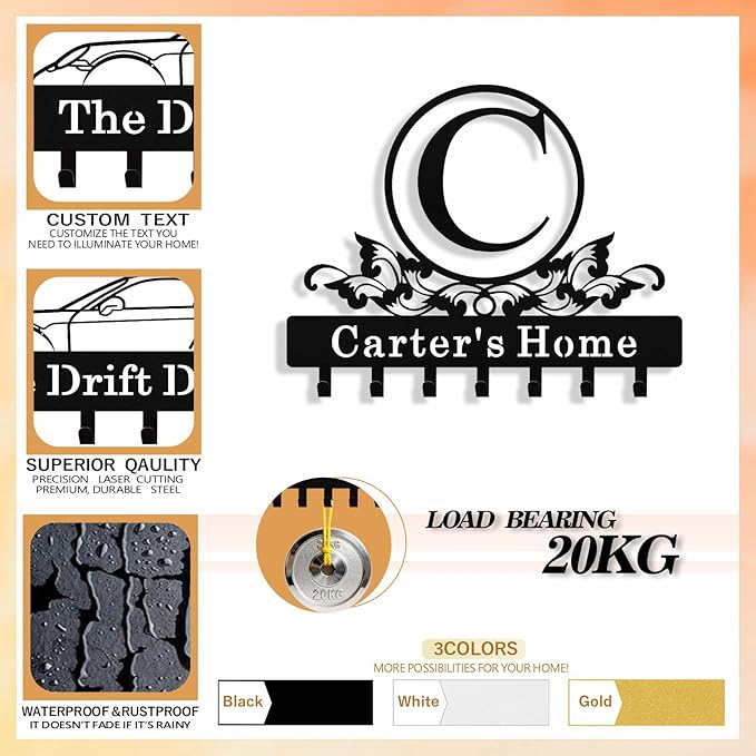 Personalized Monogram Key Holder Wall Mount, Custom Initial Name Metal Key Holder for Wall, Custom Keys Rack Hanger with Hooks for Entryway, Front Door, Hallway, Living Room, Kitchen