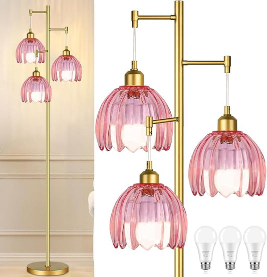 Gold Floor Lamps for Living Room Bedroom-3 Light Vintage Floor Lamp with Glass Lampshape & Three Bulbs,Mid Century Modern Standing Lamp Tall Tree Flower Floor Lamps for Bedroom Living Room,Corner