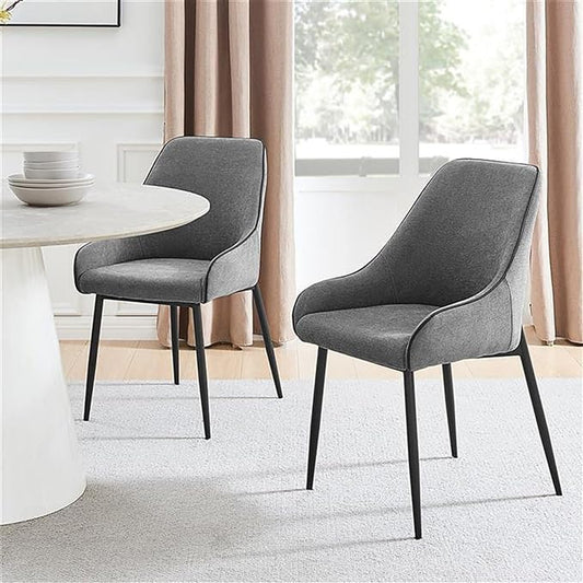 Furniturebox UK Dining Chairs - 2X Beaumont Grey Fabric Black Leg Chairs - Pair of Dining Chairs - Upholstered Polyester Chair - Modern Dining Room Furniture - Contrasting Black Piping