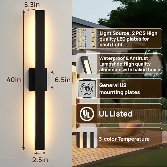 Upgraded 2-Pack 40.1in Black Long Modern LED Outdoor Wall Lights 3000K 4000K 5000K Dimmable Exterior Wall Sconce Outside Light fixtures for House Garage Front Door