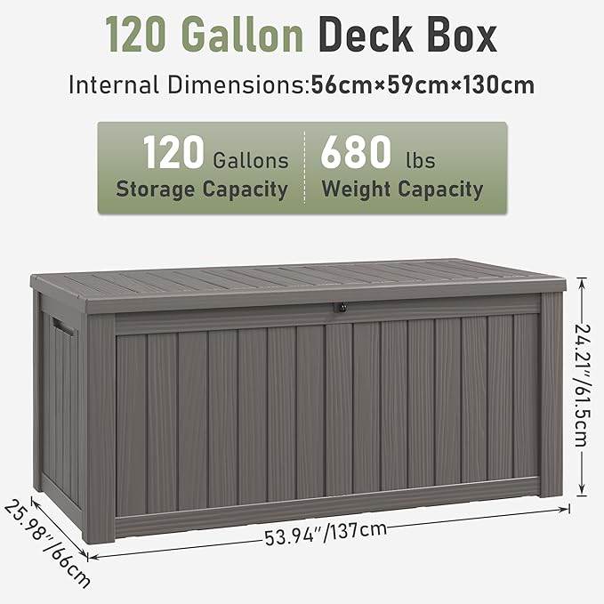 Deck Box, 120 Gallon Outdoor Storage Box Lockable Patio Waterproof for Furniture, Garden Tools, Sports Equipment and Pool Supplies, Waterproof, Resin, Lockable