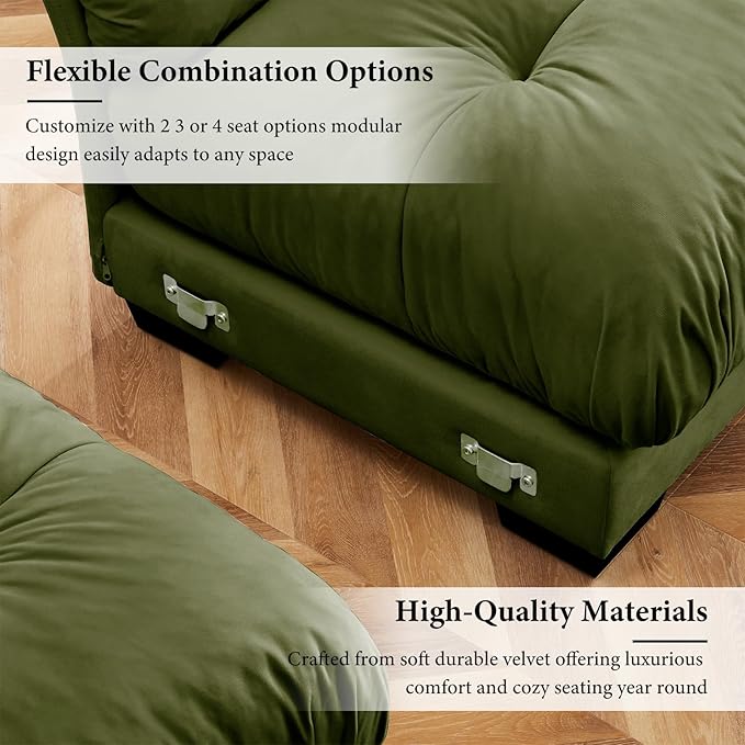 130"Oversized Couch, 3 Seater Modular Sectional Sofa, Olive Green Large L Shaped Sectional Couches for Living Room, Fluffy Couch Set, 3 Seater, Velvet Cloud Couches with Ottoman, Sofas for Living Room