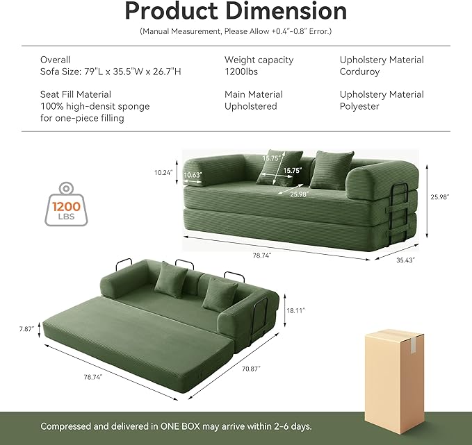 Convertible Floor Sofa Bed with Fixed-Shape Frame, King Size Floor Sleeper 5-in-1 DIY Combination Modular Sofa, Modular Chenille Folding Mattress Couch for Living Room Bedroom Playroom (Green)