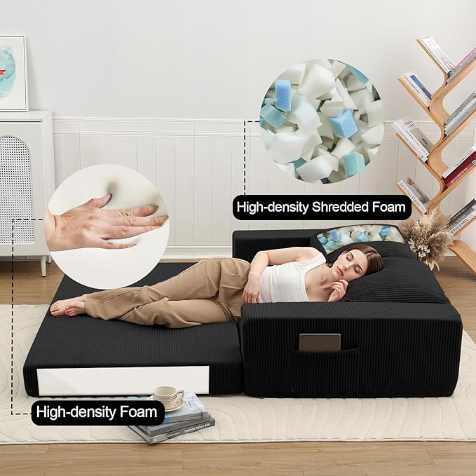 COMAX Convertible Sofa Bed Queen, Folding Fold Out Couch Bed, Floor Futon Couch Corduroy Sleeper Mattress with Back Pillows, Boneless Sofa Comfy Lounge Loveseat for Living Room Bedroom, Black