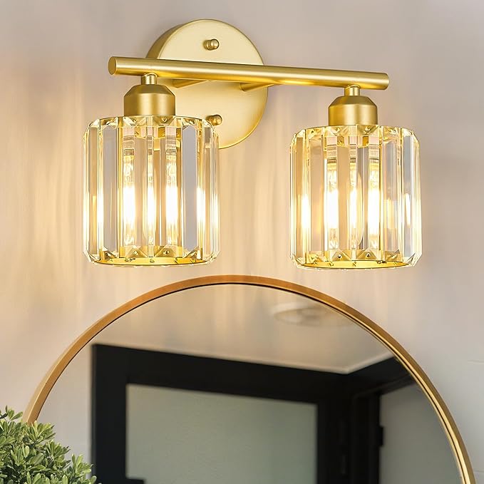 Modern 2 Light Crystal Vanity Light, Gold Vertical Bathroom Light Fixture Over Mirror for Dressing Table Sink, Compatible with Dimmable Bulbs (Bulbs Not Included)