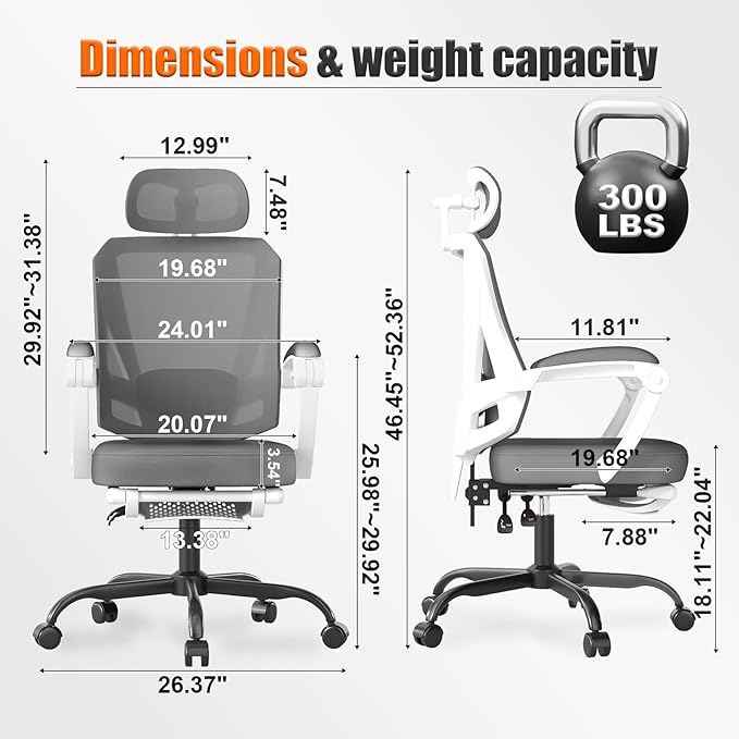 Ergonomic Office Chair with Footrest, High Back Swivel Mesh Desk Chair, Big and Tall Rolling Computer Chair with Headrest, Lumbar Support, 3-Level Tilt Backrest for Home, Bedroom, Work