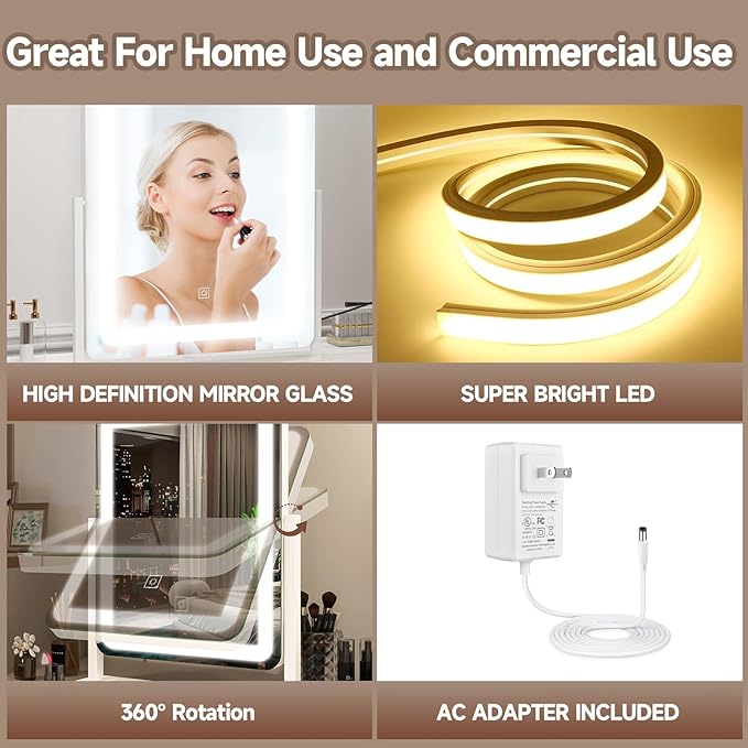 PRIMETEK Vanity Mirror with Lights, 19"x22" Large Makeup Mirror with Lights, LED Lighted Makeup Mirror, Touch Screen with 3-Color Lighting, Dimmable for Vanity Desk Tabletop, Bedroom, White