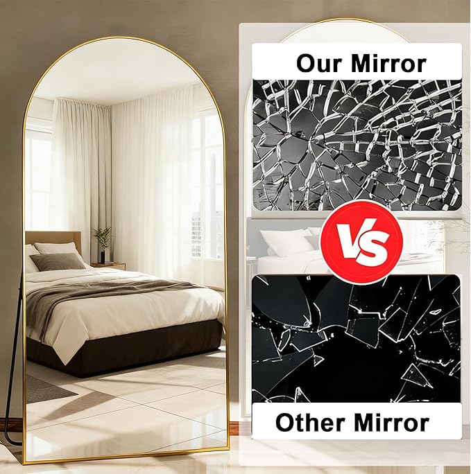 Arched Full Length Mirror,56" L x 15" W Floor Mirror, Aluminum Alloy Frame, Shatterproof Glass - Free Standing, Leaning or Wall Mounted for Bedroom, Living Room, Entryway, Modern Home (Gold)
