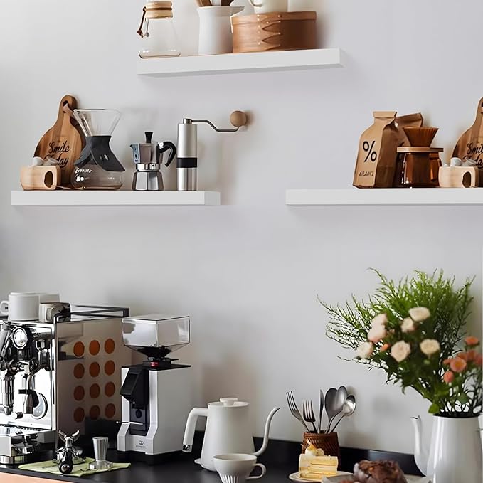 Colima Floating Shelves for Wall, Hanging Shelf for Books, Storage, Room Decor, Rustic Wood Wall Mounted Shelves for Bathroom, Toilet, Bedroom, Living Room, Kitchen, Office, White, 24in, Set of 3