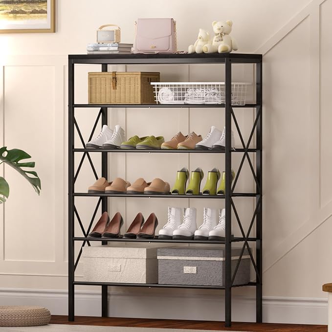 6 Tiers Shoe Rack, Large Capacity Shoe Rack Holds 32 Pairs of Shoes, Durable and Stable, Adjustable Metal Shelf Stackable Shoe Shelf for Entryway, Hallway, Living Room, Closet