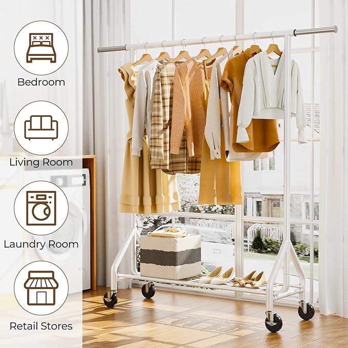 Heavy Duty Clothes Rack Load 450 LBS, Metal Garment Rack, Standing Rolling Clothing Rack for Hanging Clothes with Sturdy Wheels & Shelves, Portable Closet Wardrobe Rack,White