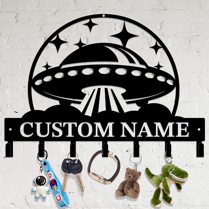 Personalized Custom Alien UFO Metal Wall Keys Hooks,Clothes Hooks Alien UFO Art Coat Racks,Door Holder,Black Alien UFO Decorations for Home,Entrance Doors,Hallway, Bedroom,Keys,Hats (Style F)
