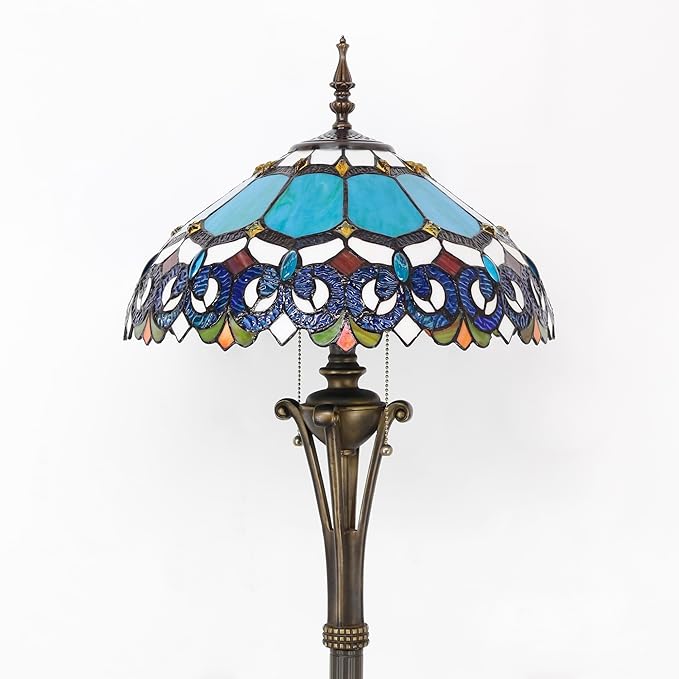 Tiffany Floor Lamp Blue Stained Glass Jewelry Baroque Standing Reading Light 16X16X70 Inches Antique Pole Corner Lamp Decor Bedroom Office Living Room