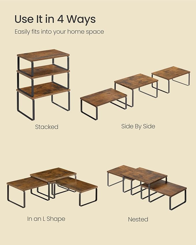 SONGMICS Cabinet Organizer Shelf, Set of 3 Kitchen Counter Shelves, Kitchen Storage, Spice Rack, Stackable, Expandable, Rustic Brown and Matte Black UKCS220K02