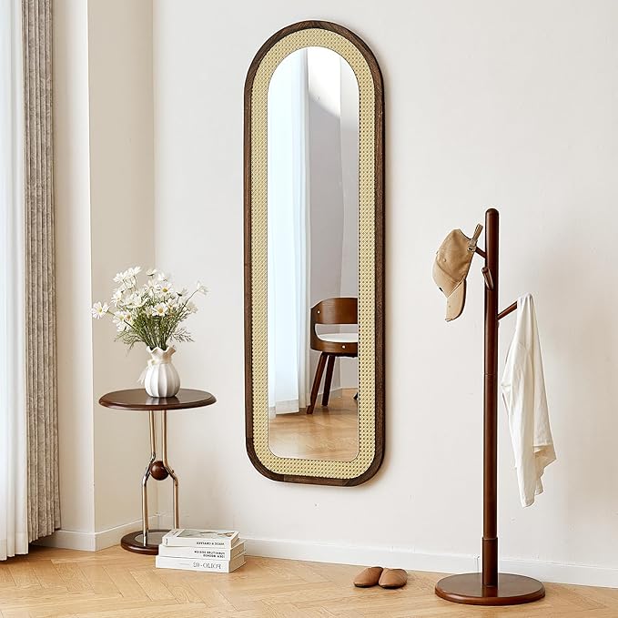 Arched Full Length Mirror with Solid Wood Frame & Rattan Panel, 64"x21" Rustic Wall Mounted Floor Mirror - Free Standing, Leaning Against Wall, Wall-Mounted for Bedroom Living Room (Brown)