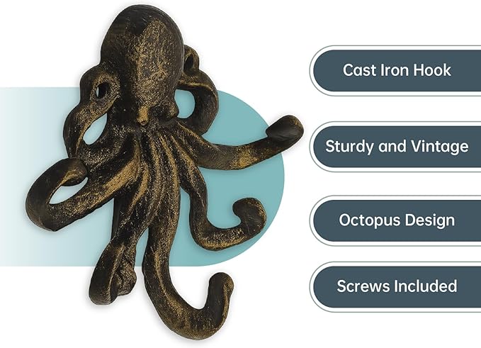 Octopus Cast Iron Wall Hook – Nautical Decorative Key Holder, Coastal Ocean Theme Animal Hook for Entryway, Bathroom, or Bedroom, Heavy Duty Antique Bronze