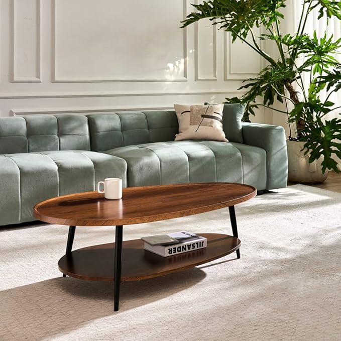 AGV Oval Coffee Table with Storage Shelf, 47" Mid Century Modern Coffee Table for Living Room, Walnut Wood Finish MDF Top with Black Metal Legs