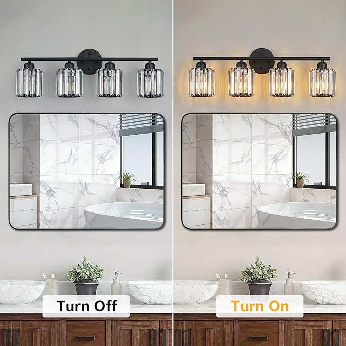 Modern 4 Light Crystal Vanity Light, Black Vertical Bathroom Light Fixture Over Mirror for Dressing Table Sink, Compatible with Dimmable Bulbs (Bulbs Not Included)