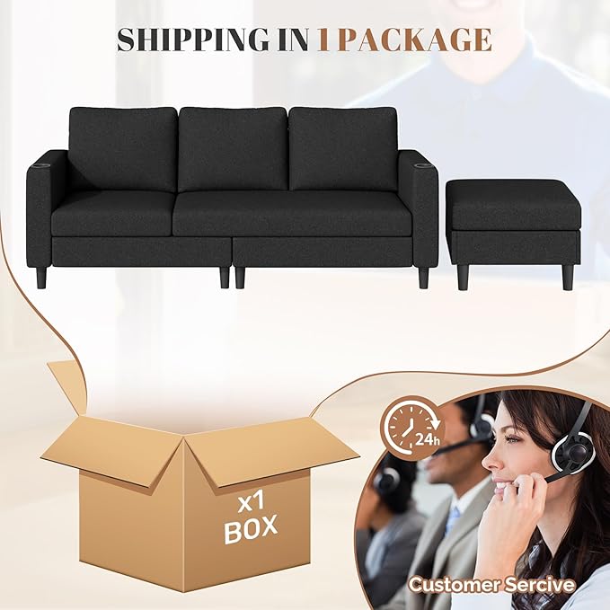 Upholstered Sectional Sofa and Couches, 78'' L Shaped 3-seat Sofa forLiving Room, Apartment, Lounge,Bedroom-Washable Covers Convertible Sofas(Linen Fabric,Black)