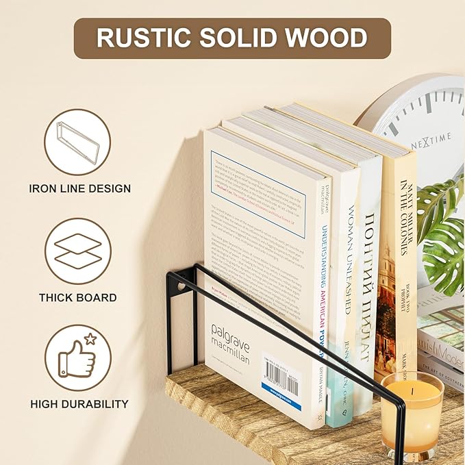 SRIWATANA Wide Floating Shelves, Rustic Wood Wall Shelves Set of 2, Wall Mounted Shelves with Large Capacity for Many Rooms Decor, Carbonized Black