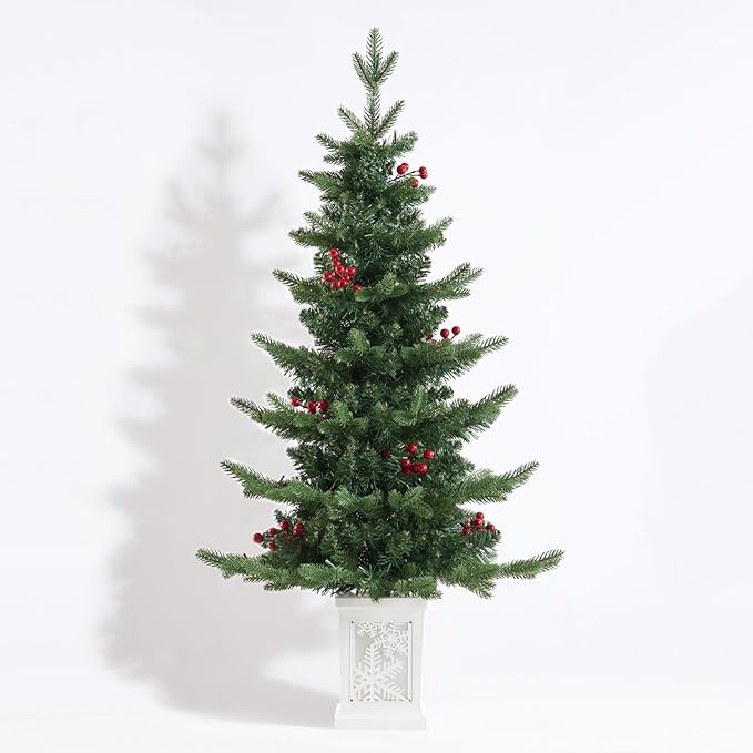 Small Pre-Lit Christmas Tree with LED Lights - 3.5FT Ariticifial Tree with Snowflake Base, Battery Operated & Auto Timer for Home Office Xmas Decor