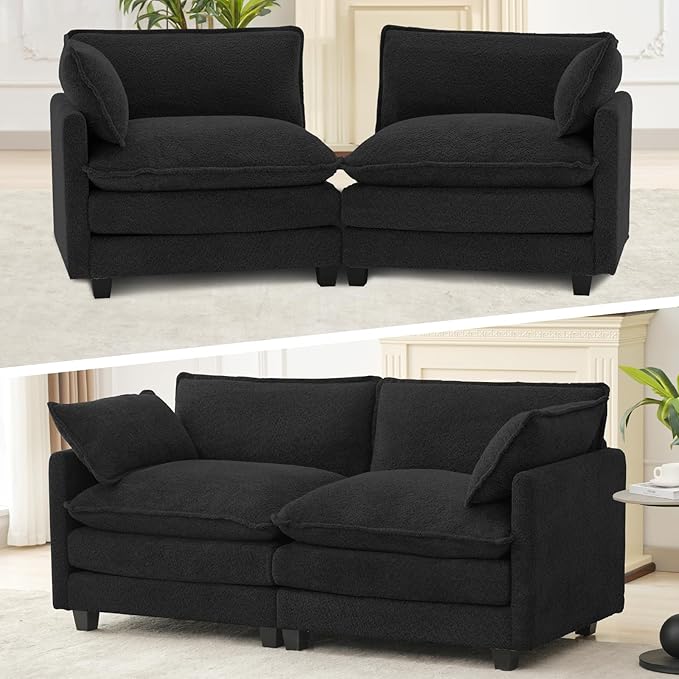 ROWHY Modular Loveseat Sectional Sofa, 78" Upholstered Loveseat, 2 Deep Seat Sofa Couch with 2 Throw Pillows for Small Space, Modern Comfy Cloud Couch for Living Room, Chenille, Black