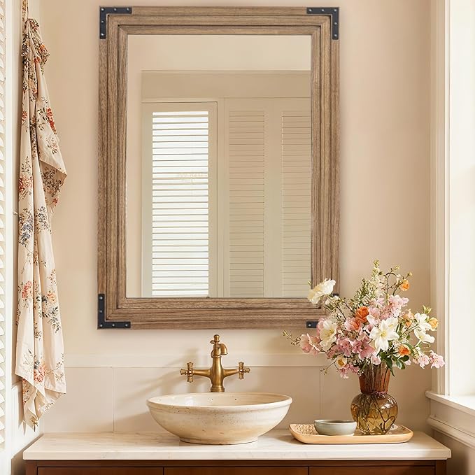 Full Length Mirror 40"x30" Solid Wood Frame Floor Standing Mirror, Hanging or Leaning Wall-Mounted for Living Room, Bedroom, Oak Color